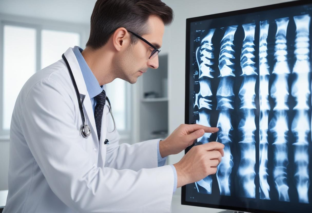 A spine doctor reviews X-rays while thinking about how you can find an experienced spine specialist near you.